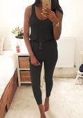 Drawstring Sleeveless Scoop Pure Color Slim Long Jumpsuit - Oh Yours Fashion - 2