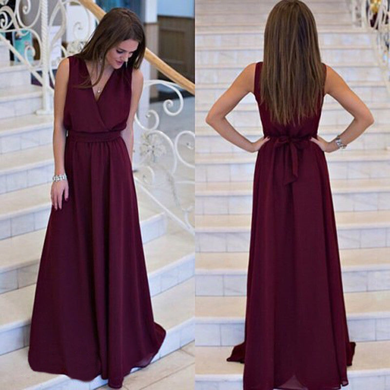 V-neck Sleeveless Lace Up Pleated Solid Long Dress - Oh Yours Fashion - 1