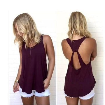 Scoop Sleeveless Backless Pure Color Backcross Blouse