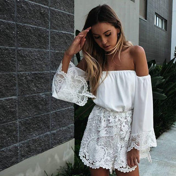 Sexy White Lace Off Shoulder Long Sleeve Jumpsuit - OhYoursFashion - 1