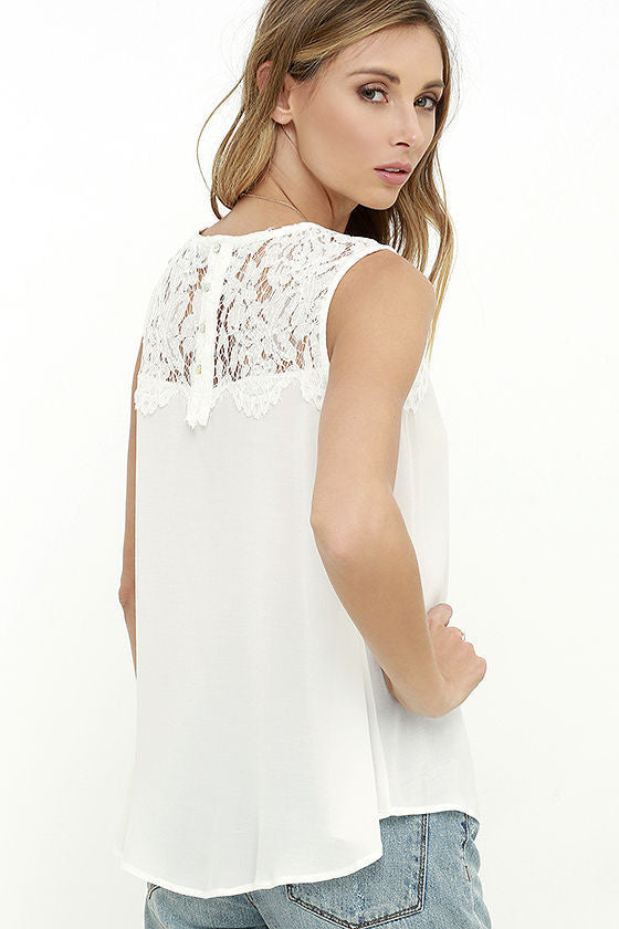 Scoop Pure Color Lace Chiffon Patchwork Sleeveless Tank Top