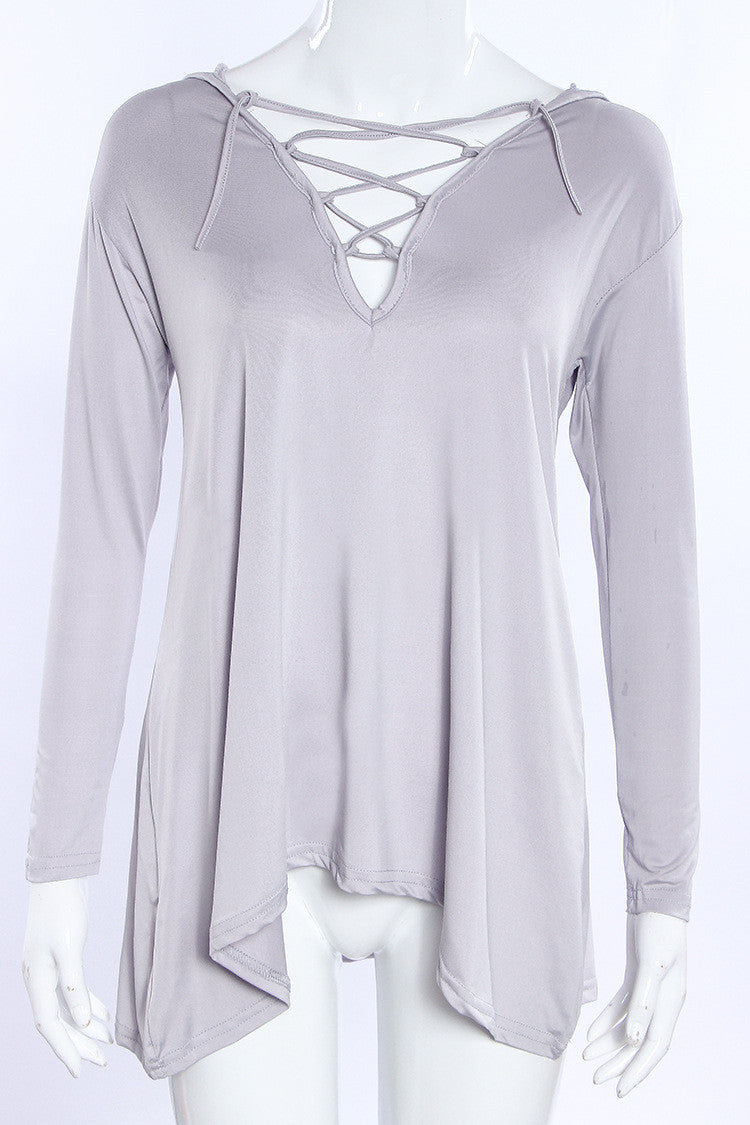Cross Strap Neckline Irregular Long Sleeves Loose Hooded Blouse - Oh Yours Fashion - 8