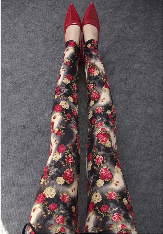 Plus Size Milk Silk Flower Print Thin Elastic Pants - OhYoursFashion - 5