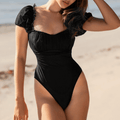 Black Puff Sleeves Flapper Mesh High Cut Swimsuits