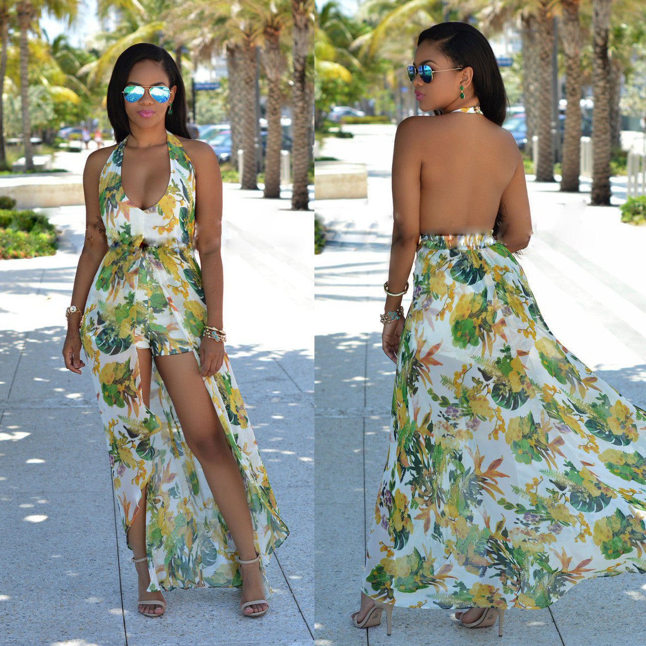 Beautiful Chiffon Floral Print Halter Split Beach Long Dress - Oh Yours Fashion - 1
