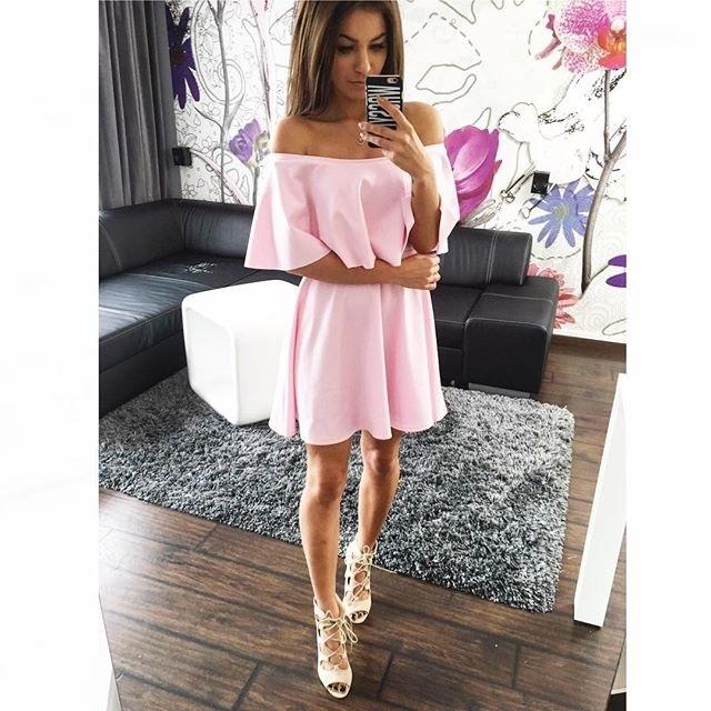 Off Shoulder Pure Color Short Sleeves Sexy Short Dress - OhYoursFashion - 2