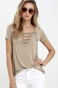 Pure Color V-neck Lace Up Short Sleeve T-shirt - Oh Yours Fashion - 1