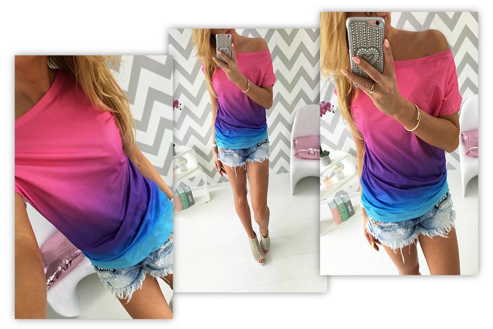 Gradually Changing Color Short Sleeves Scoop Casual T-shirt - OhYoursFashion - 5