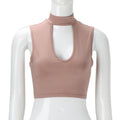Sexy Sleeveless Hollow Out Pure Color High Neck Crop Top - Oh Yours Fashion - 6