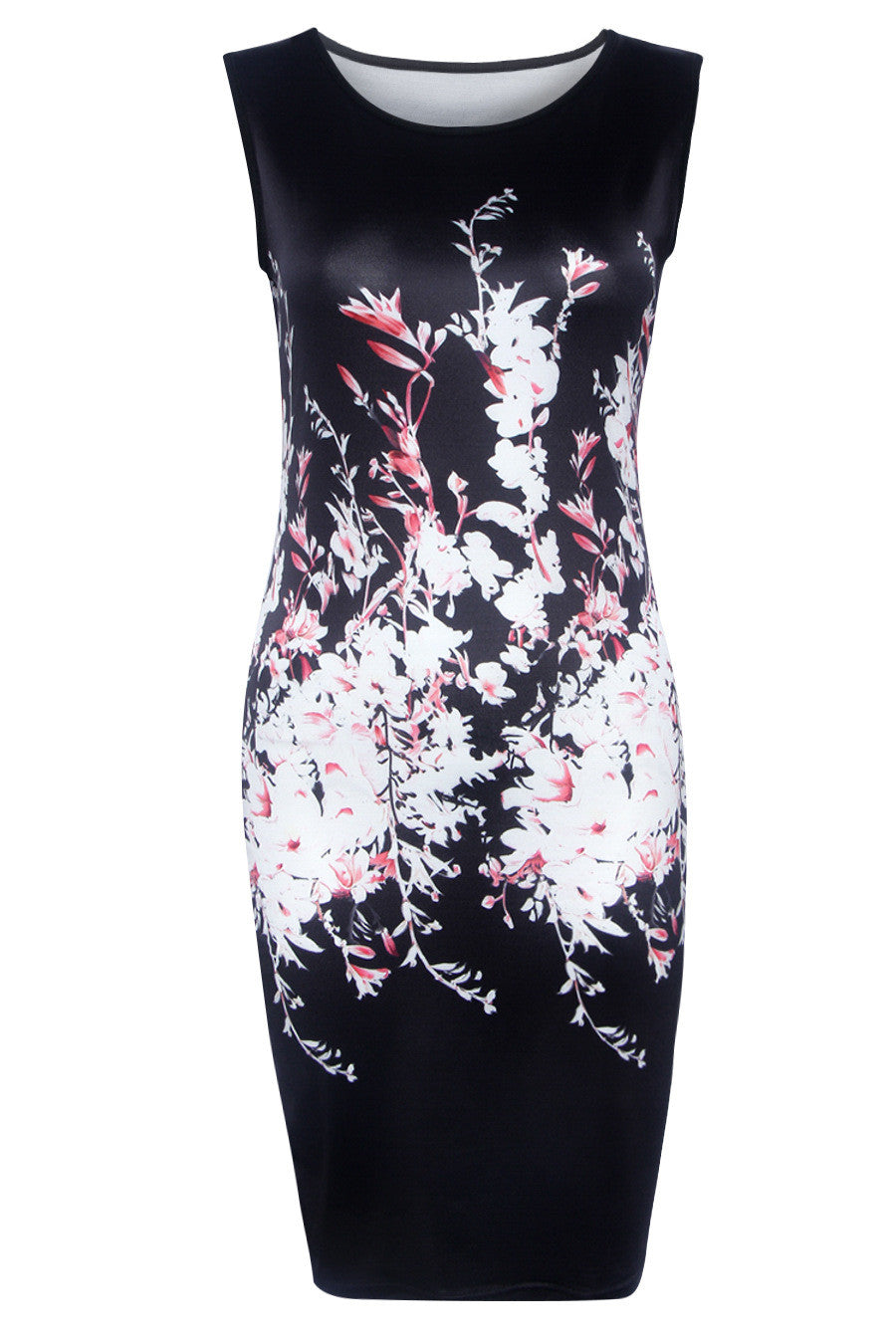 Black Sleeveless Floral Print Bodycon Knee-Length Dress - Oh Yours Fashion - 8