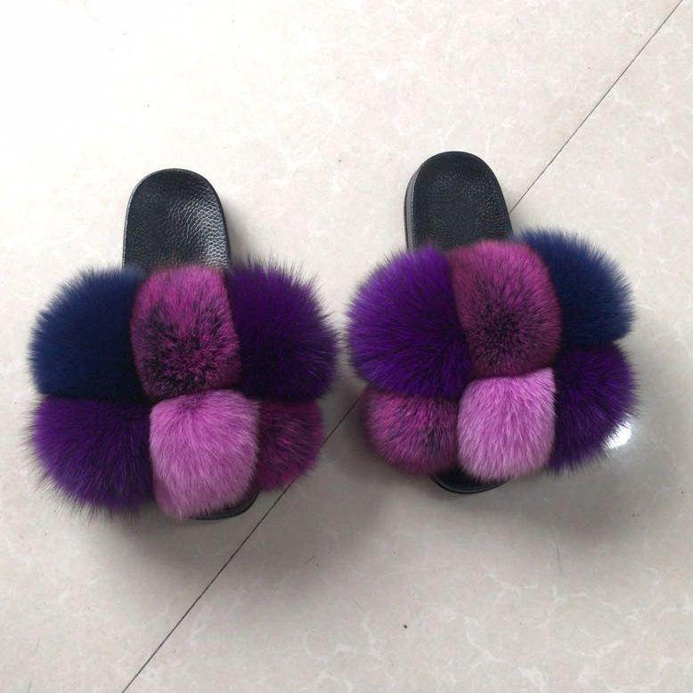 Color Matching Large Fur Real Natural Fox Fur Slides Colorful Fluffy Fur Slides Sandals Slippers Fashion Women Shoes