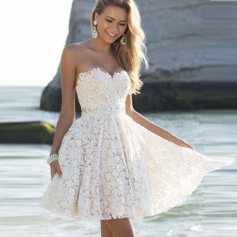 Sexy Strapless Floral Lace A-Line Pleated Short Bridesmaid Dress - Oh Yours Fashion - 1