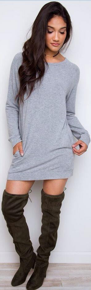 Simple Loose Scoop Long Sleeve Pocket Short Dress - Oh Yours Fashion - 2