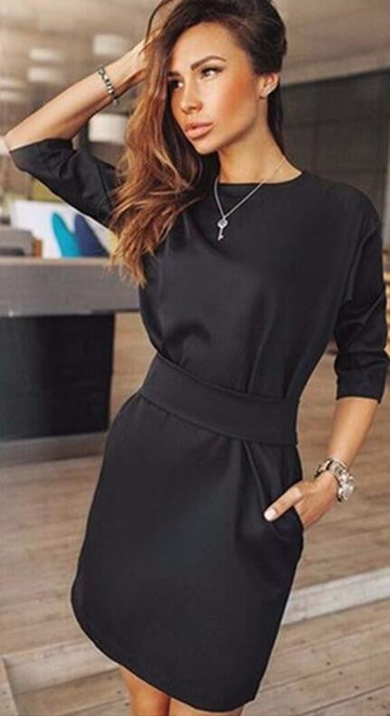 Hot Style Black Long Sleeve Scoop Short Dress With Belt - Oh Yours Fashion - 2