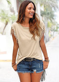 Scoop Sleeveless Tassel Casual Pure Color Blouse - Oh Yours Fashion - 5