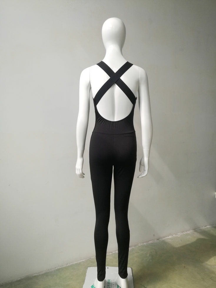 Black Deep V-neck Cross Back Long Sports Jumpsuit - Oh Yours Fashion - 6