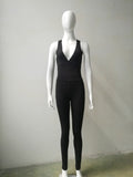 Black Deep V-neck Cross Back Long Sports Jumpsuit - Oh Yours Fashion - 5