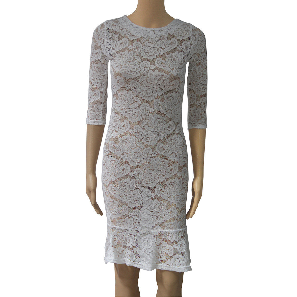 White Lace 1/2 Sleeve Perspective Short Bodycon Dress - Oh Yours Fashion - 5