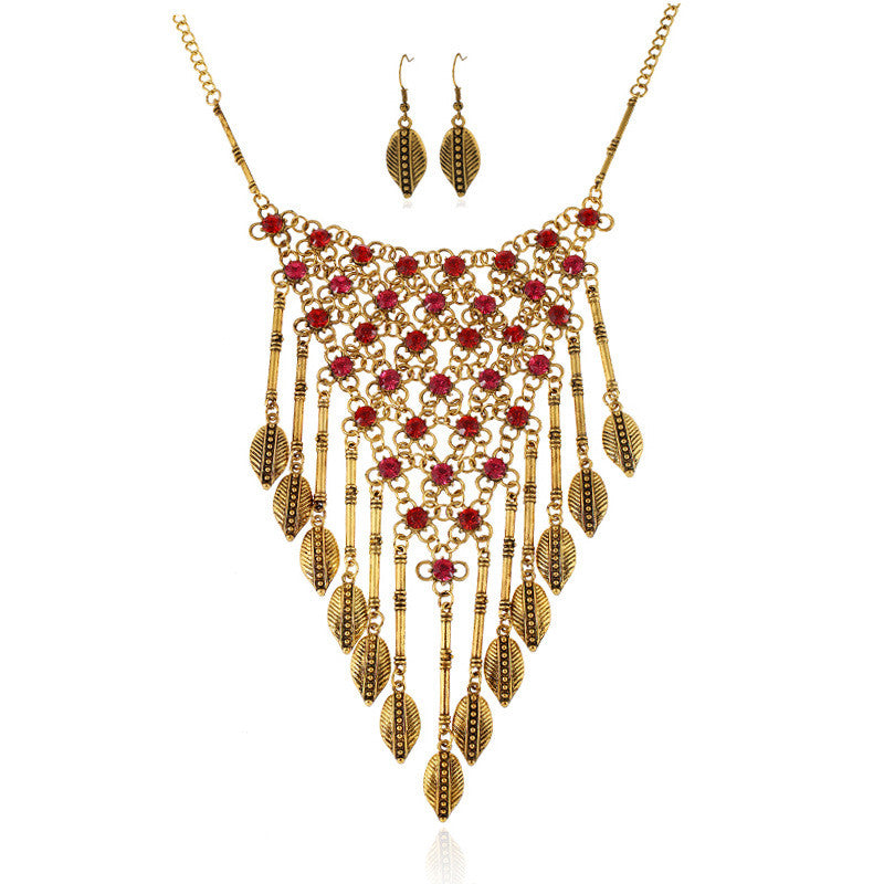 European Mesh Diamond Tassel Retro Leaves Necklace and Earring Set - Oh Yours Fashion - 5