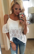 Spaghetti Strap Hollow Out Off-shoulder Irregular Lace Blouse - Oh Yours Fashion - 2