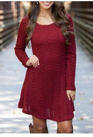 Knitting Round Neck Long Sleeve Sweater Dress - Oh Yours Fashion - 5
