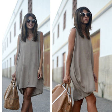 Pure Color V-neck Sleeveless Loose Short Tank Dress - Oh Yours Fashion - 1