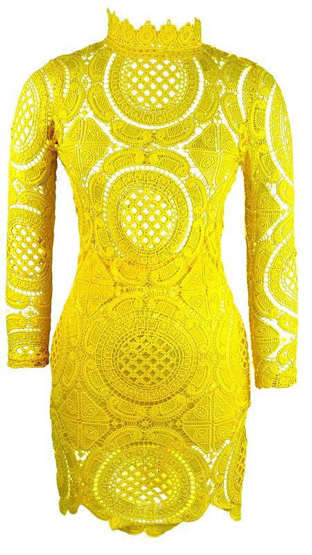 Hollow Out Lace High Neck Long Sleeve Lining Short Dress - Oh Yours Fashion - 5