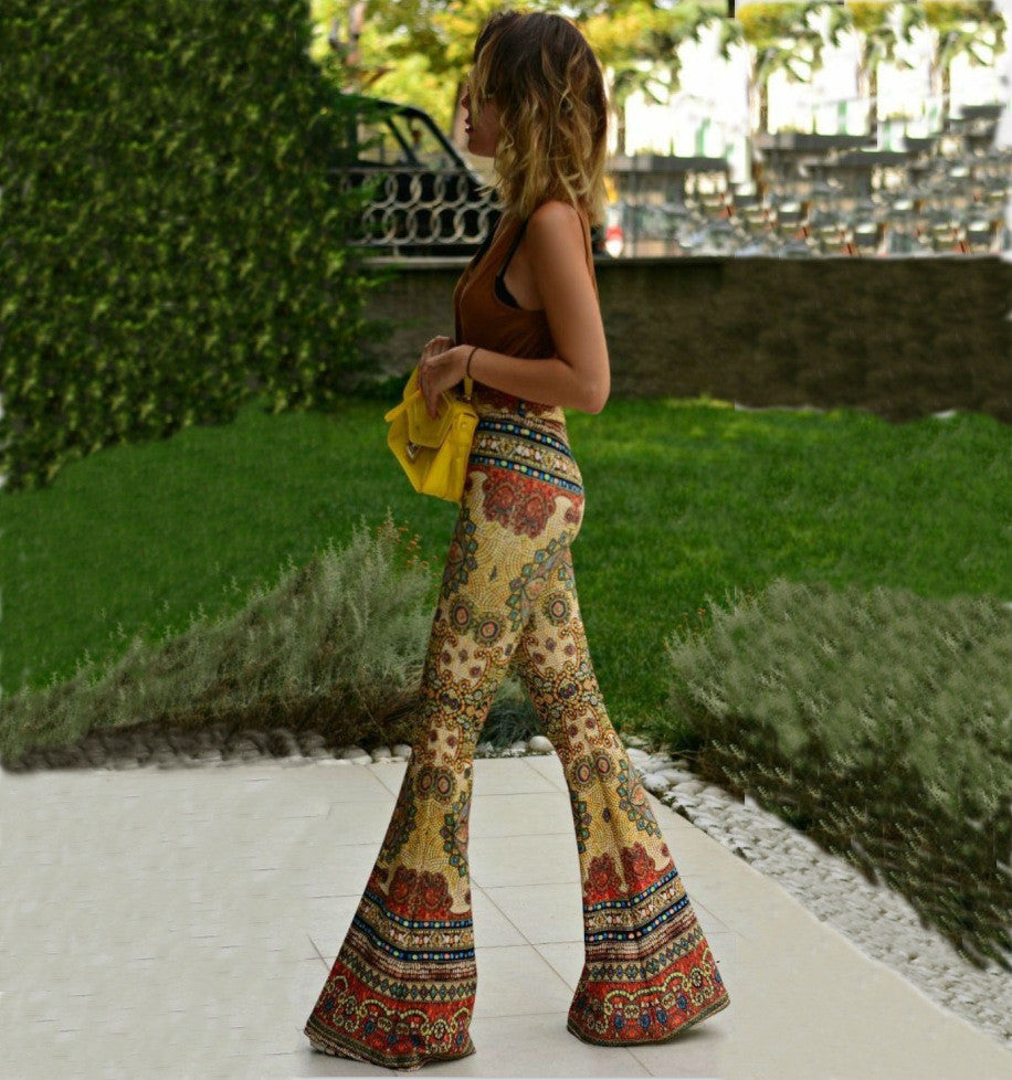 Skinny Flower Print Fashion Bell-bottom Retro Pants - Oh Yours Fashion - 4