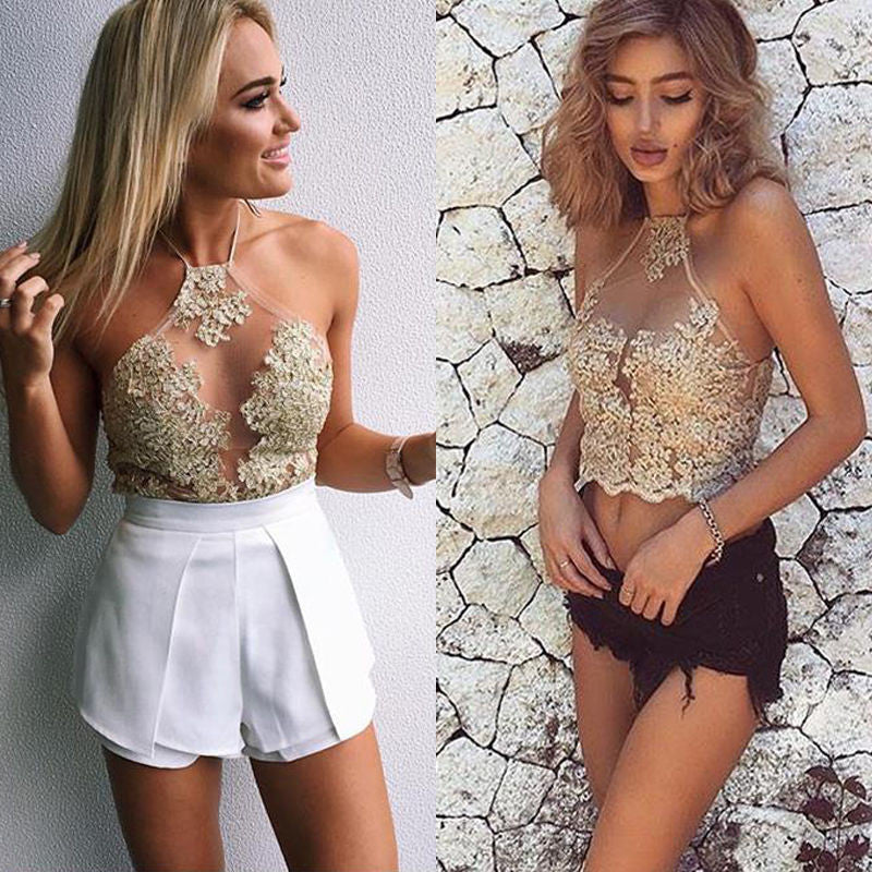 Halter Lace Transparent Sleeveless Backless Sheath Vest - Oh Yours Fashion - 1