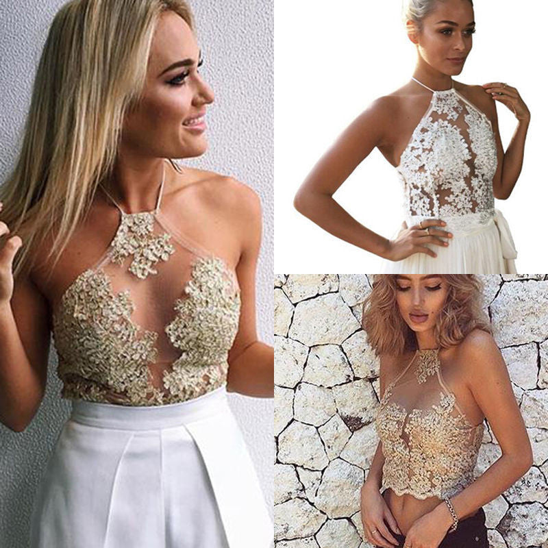 Halter Lace Transparent Sleeveless Backless Sheath Vest - Oh Yours Fashion - 3