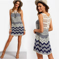 Lace Print Stripe O-neck Sleeveless Short Dress - Oh Yours Fashion - 1
