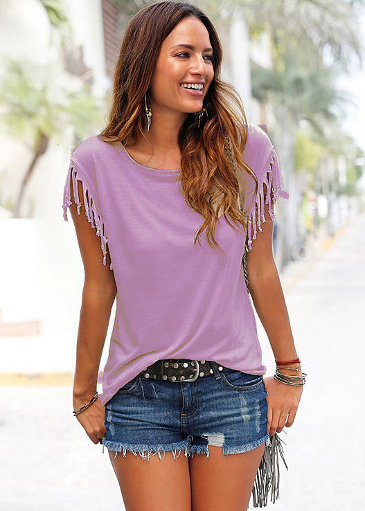 Scoop Sleeveless Tassel Casual Pure Color Blouse - Oh Yours Fashion - 2