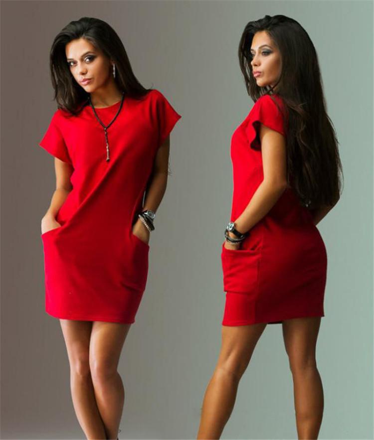 Short Sleeves Solid Color Scoop Short Dress with Pocket - OhYoursFashion - 5