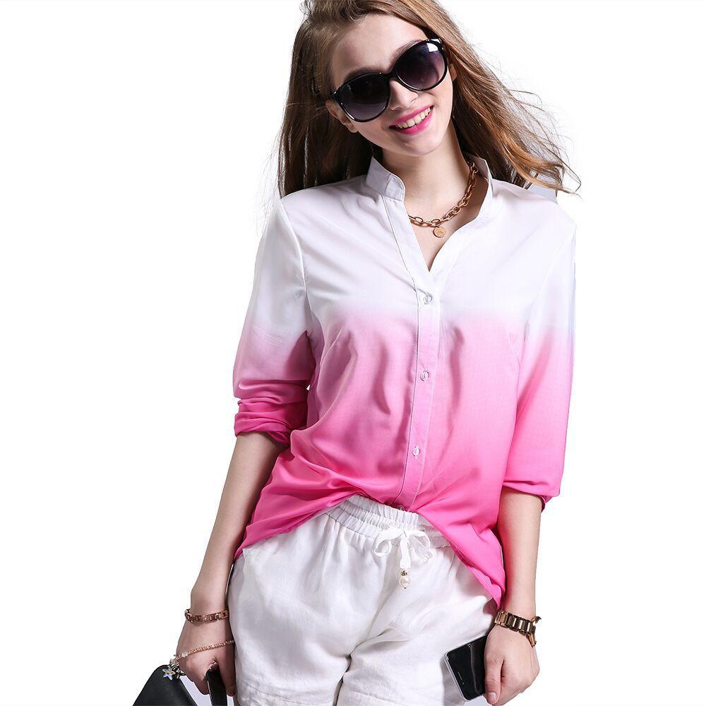 Deep V-neck Long Sleeves Gradually Changing Color Blouse - OhYoursFashion - 4