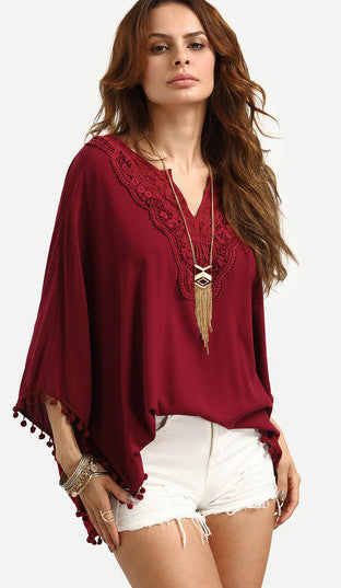 V-neck Bat-wing Sleeves Casual Embroidery Pure Color Blouse - Oh Yours Fashion - 1