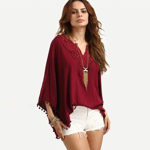 V-neck Bat-wing Sleeves Casual Embroidery Pure Color Blouse