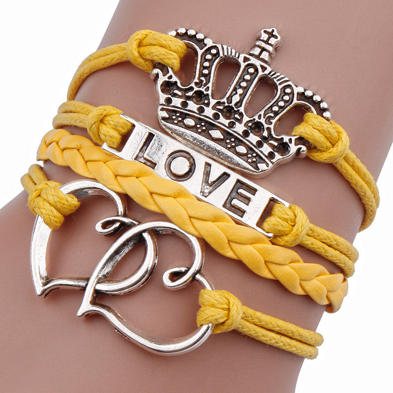 Double Heart Crown Love Leather Cord Bracelet - Oh Yours Fashion - 1