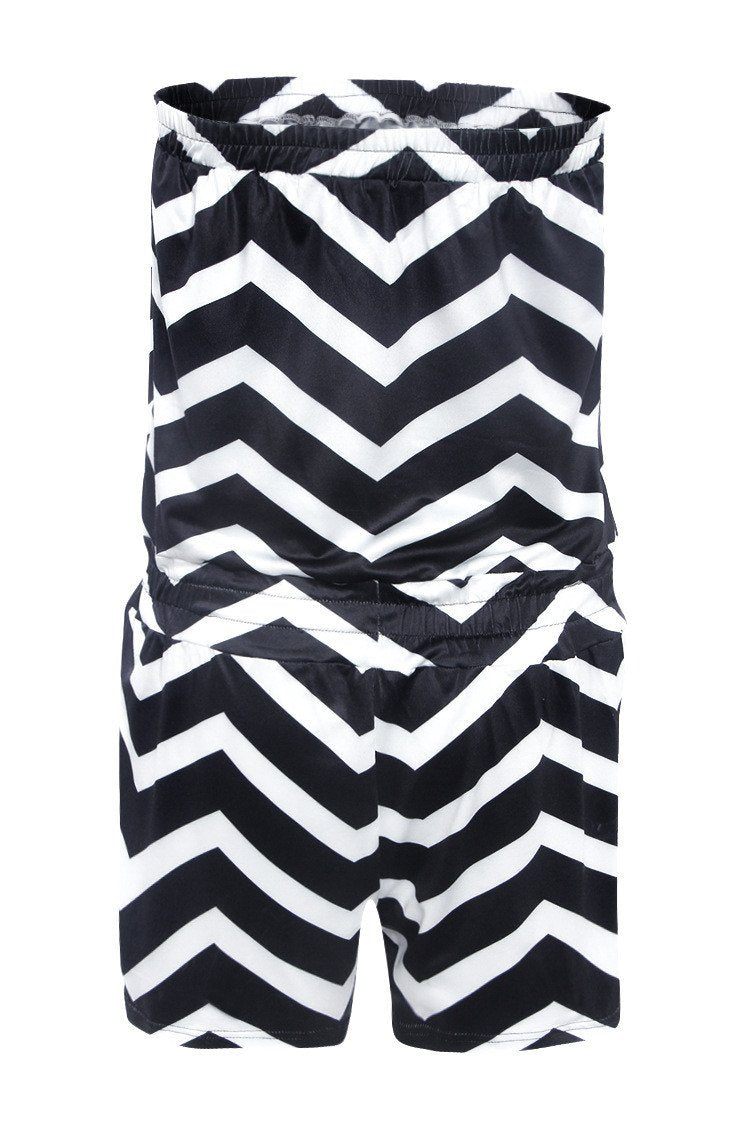 Strapless Stripe Print Elastic Waist Short Beach Jumpsuit