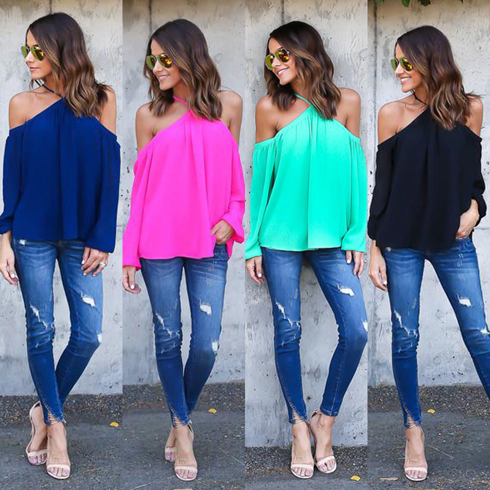 Halter Off-shoulder Long Sleeves Loose Street Chic Blouse - Oh Yours Fashion - 1