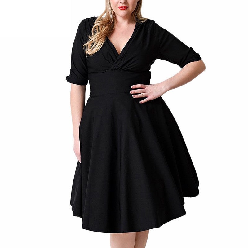 Plus Size Deep V Neck A-Line 1/2 Sleeve Elastic Knee-Length Dress - Oh Yours Fashion - 5