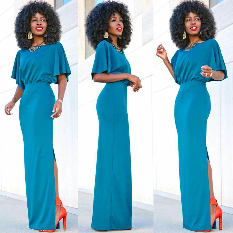 Pure Color Slit O-neck Short Sleeve Long Dress - Oh Yours Fashion - 2