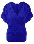 Sexy V Neck Wrap Style Pure Color Bat Short Sleeve Blouse - Oh Yours Fashion - 11