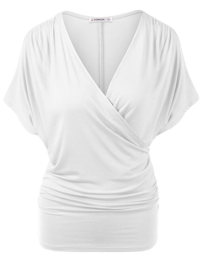 Sexy V Neck Wrap Style Pure Color Bat Short Sleeve Blouse - Oh Yours Fashion - 10