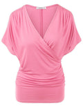Sexy V Neck Wrap Style Pure Color Bat Short Sleeve Blouse - Oh Yours Fashion - 8