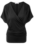 Sexy V Neck Wrap Style Pure Color Bat Short Sleeve Blouse - Oh Yours Fashion - 4
