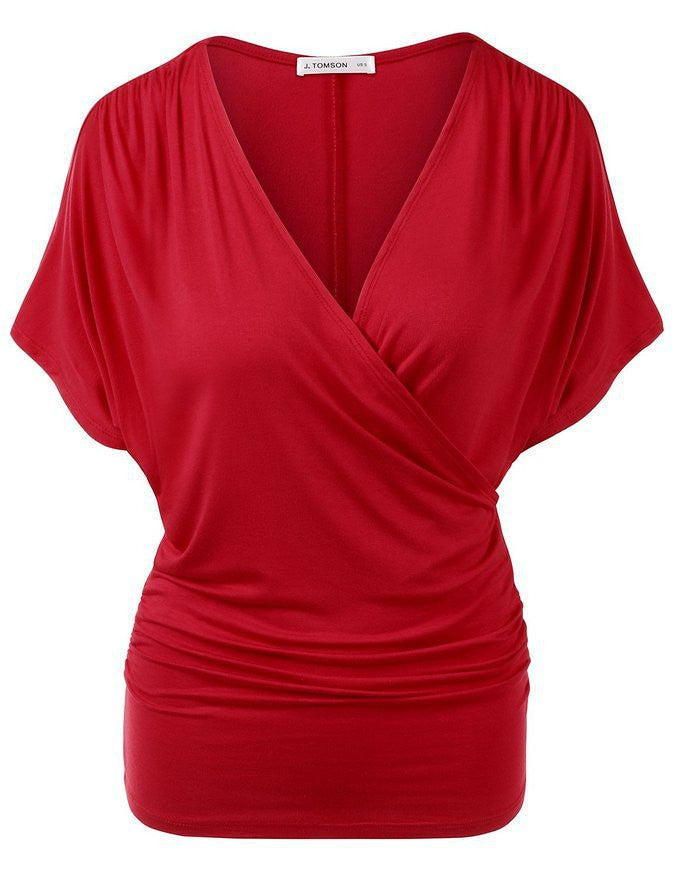 Sexy V Neck Wrap Style Pure Color Bat Short Sleeve Blouse - Oh Yours Fashion - 7