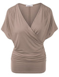 Sexy V Neck Wrap Style Pure Color Bat Short Sleeve Blouse - Oh Yours Fashion - 9