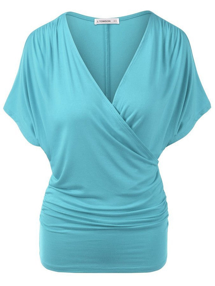 Sexy V Neck Wrap Style Pure Color Bat Short Sleeve Blouse - Oh Yours Fashion - 2