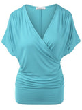 Sexy V Neck Wrap Style Pure Color Bat Short Sleeve Blouse - Oh Yours Fashion - 1