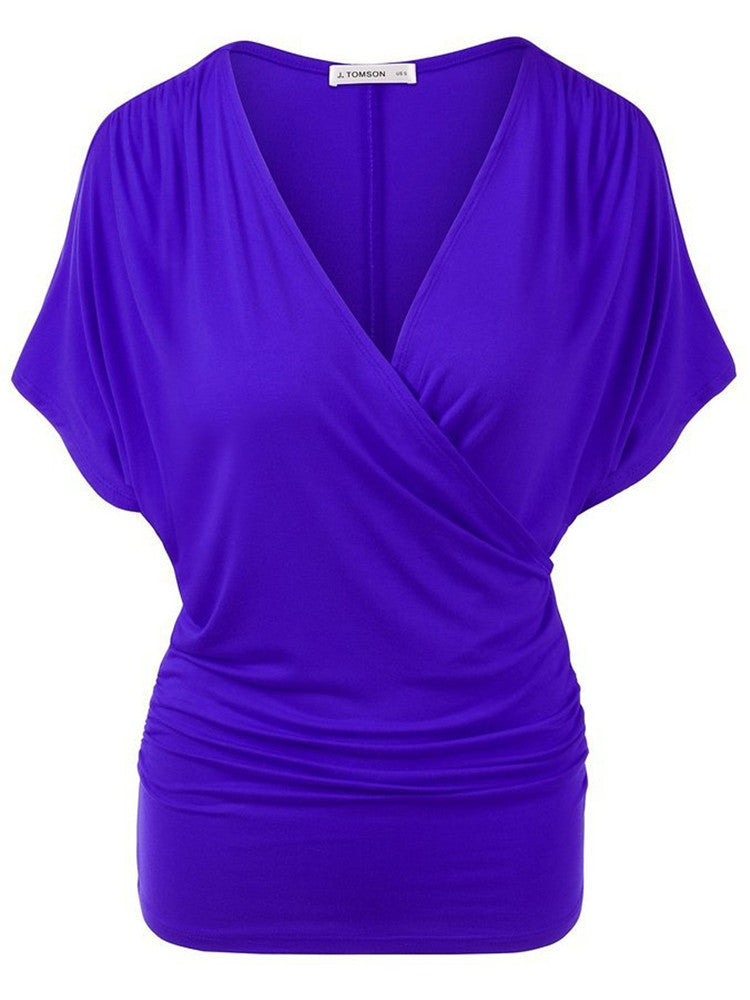 Sexy V Neck Wrap Style Pure Color Bat Short Sleeve Blouse - Oh Yours Fashion - 6